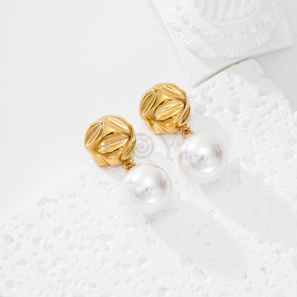 Pendientes chapa redonda relieve con perla acero