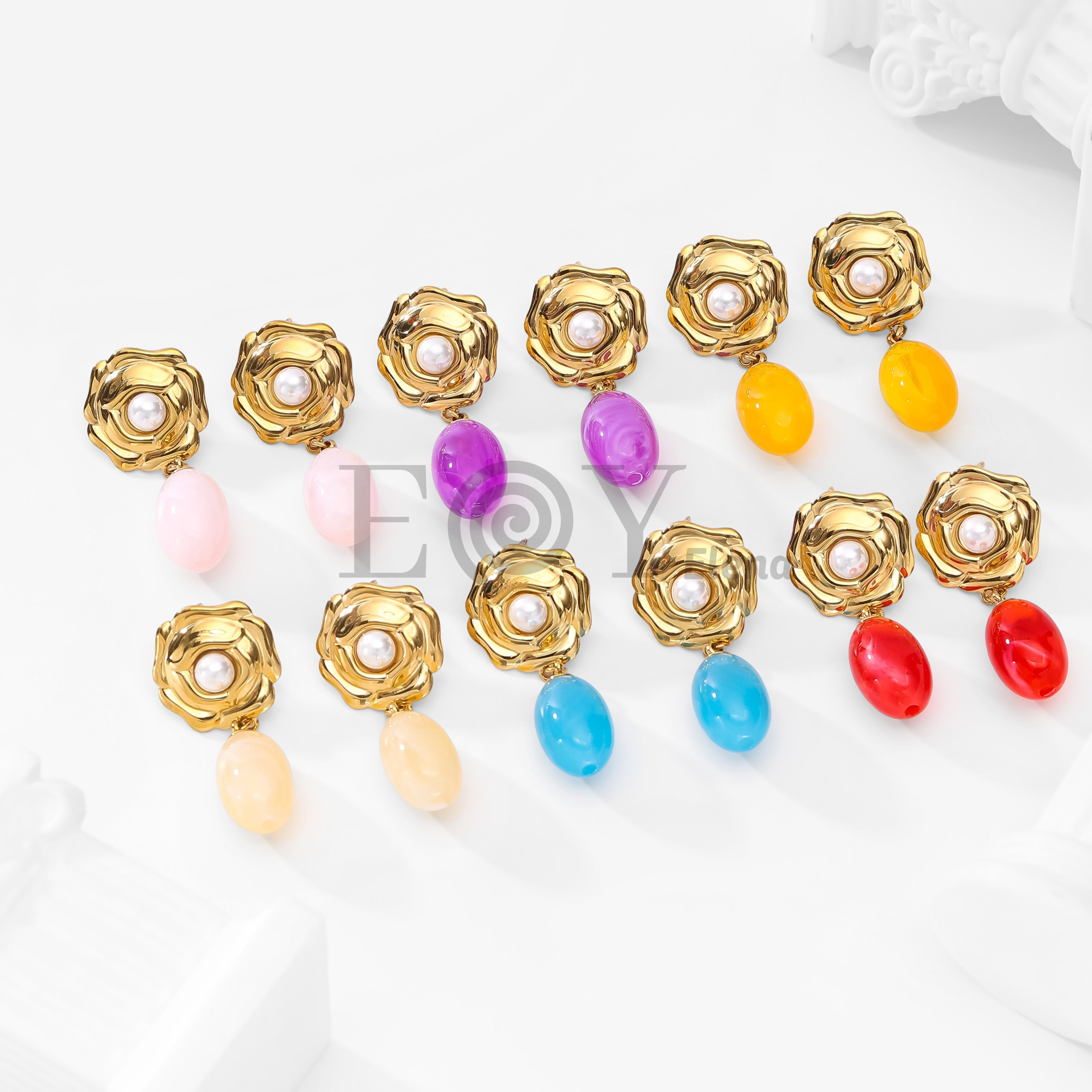 Pendientes chapa flor y perla con piedra