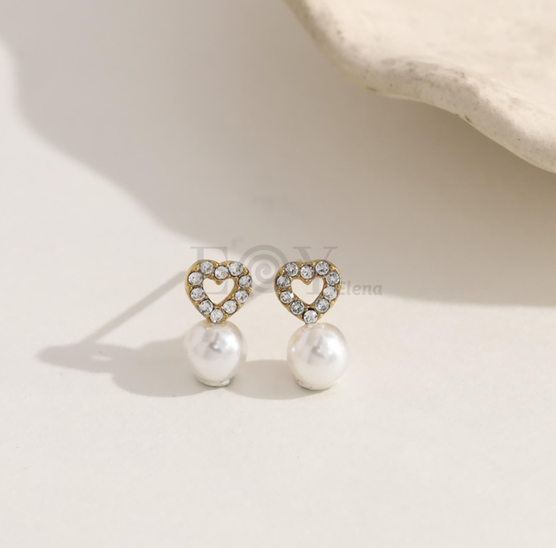 Pendientes corazón hueco circonitas y perla