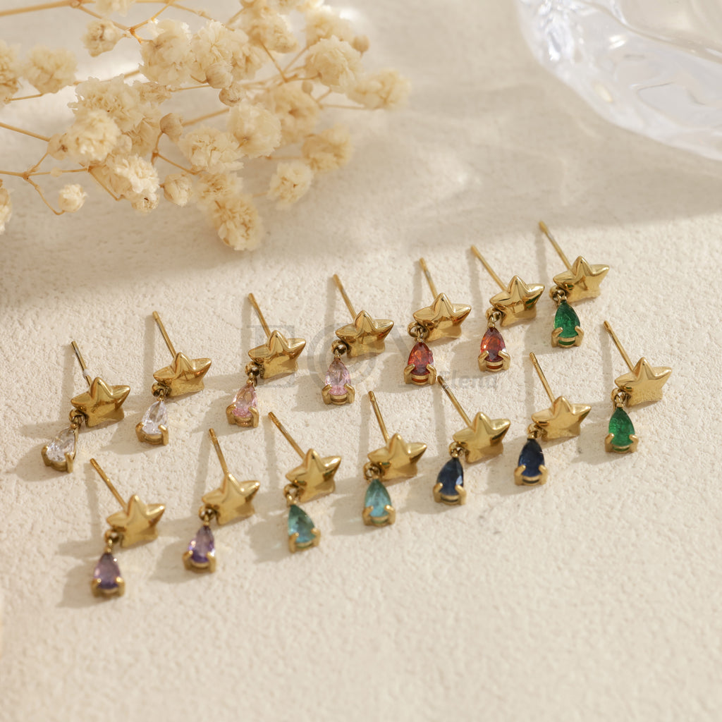 Pendientes con estrella y piedra en forma de lágrima