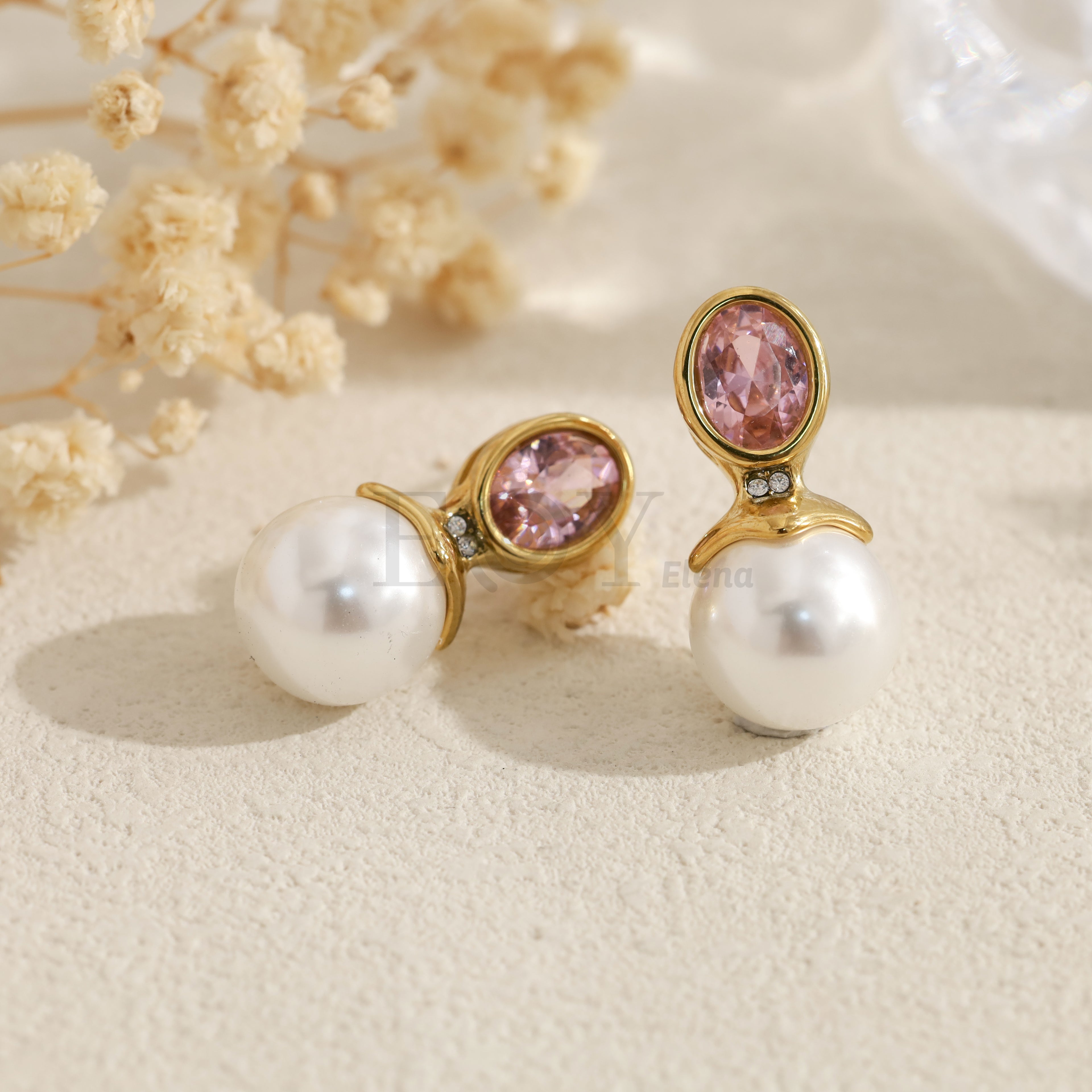Pendientes con perla y piedra ovalada