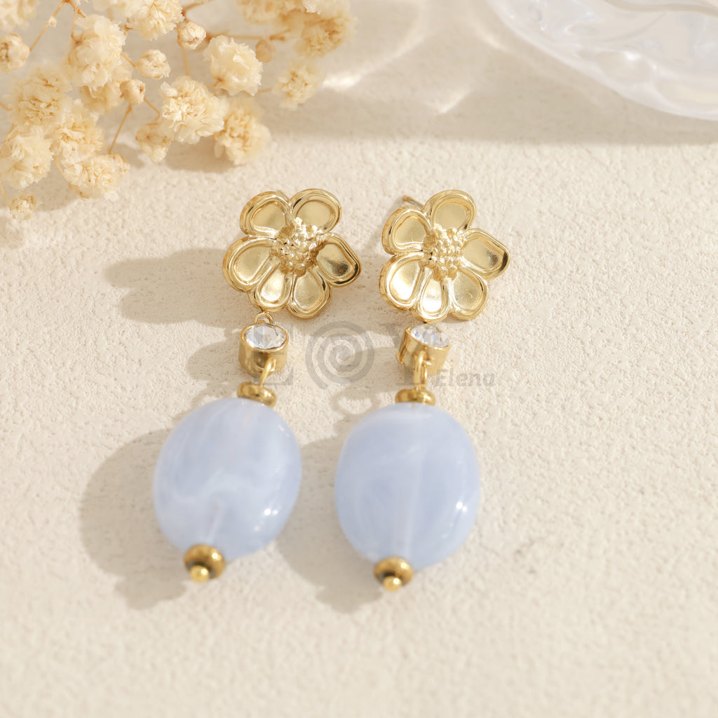 Pendientes flor con piedra y cuenta de color