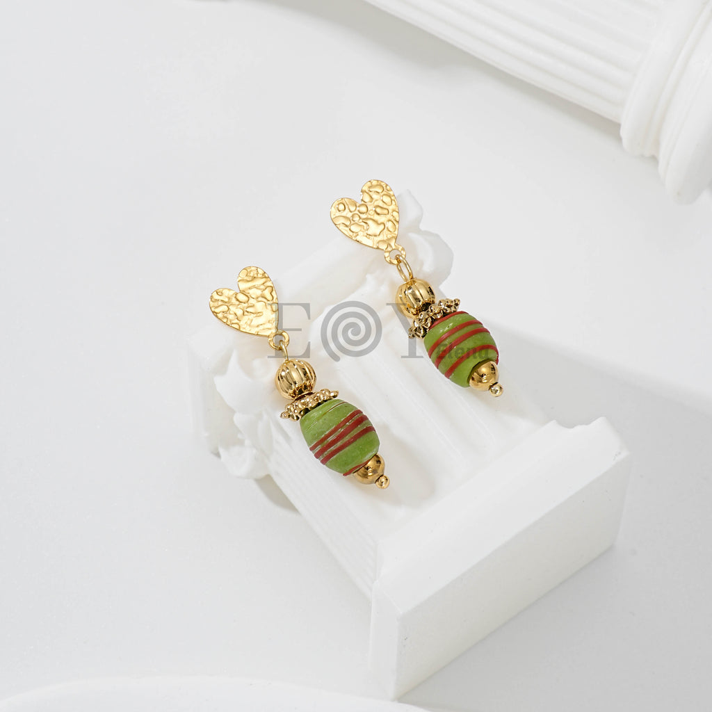 Pendientes Colgantes Corazón y Cuenta Rayada