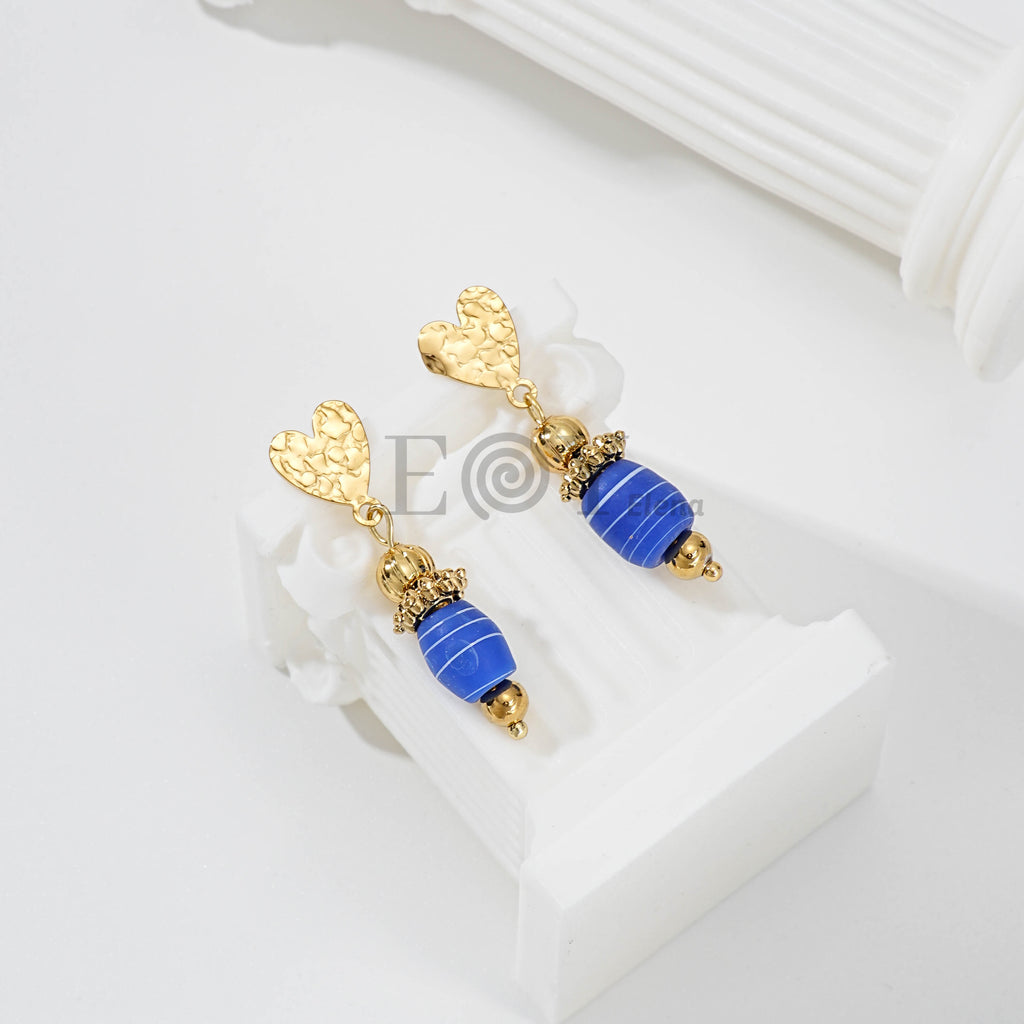 Pendientes Colgantes Corazón y Cuenta Rayada