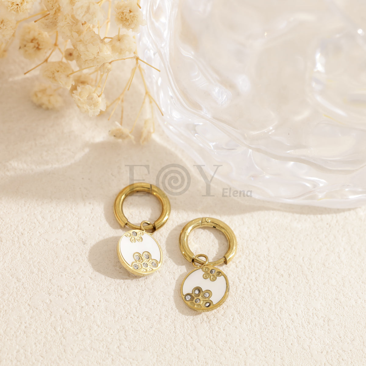 Pendientes aro con chapa redonda y flor acero