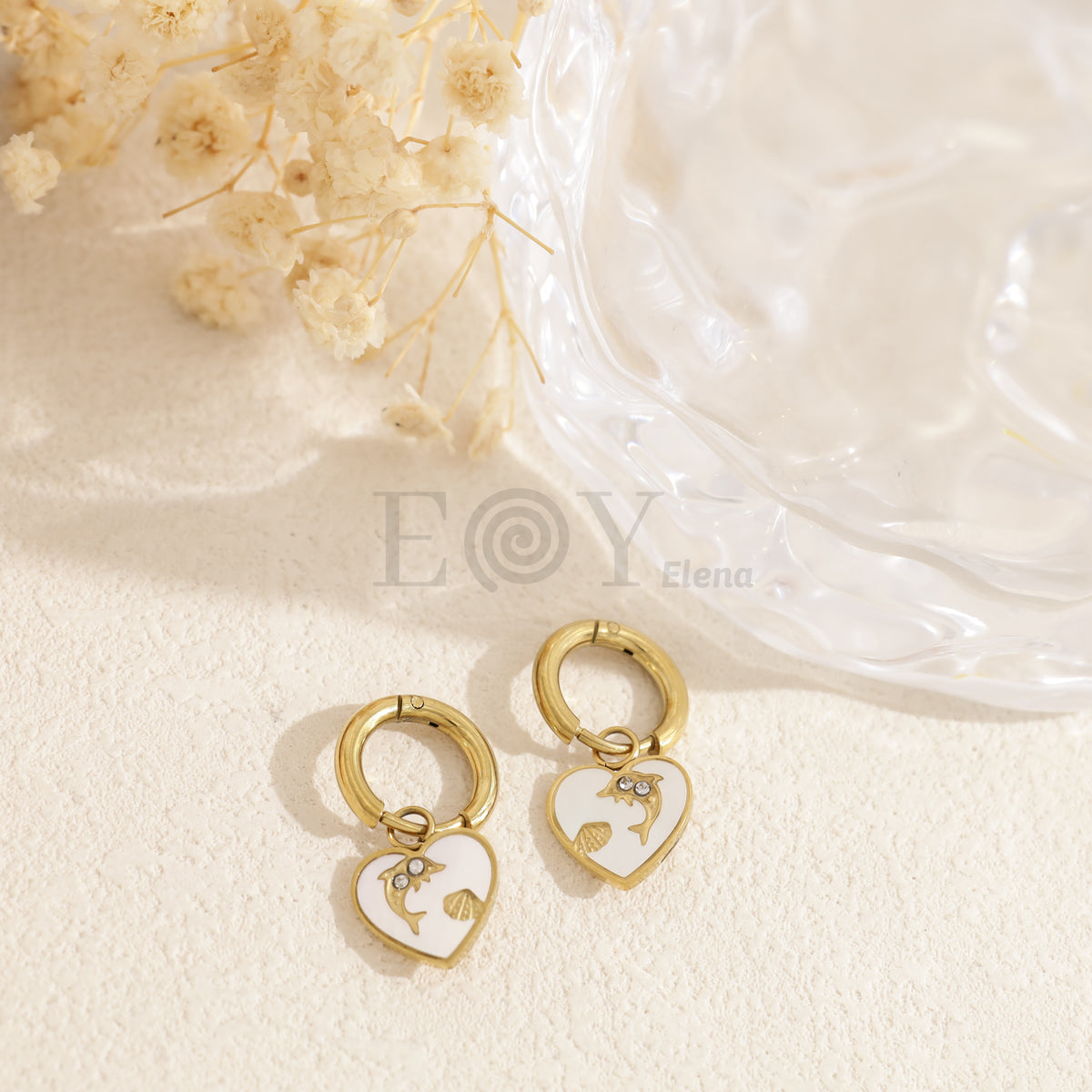 Pendientes aro con chapa corazón y delfín acero