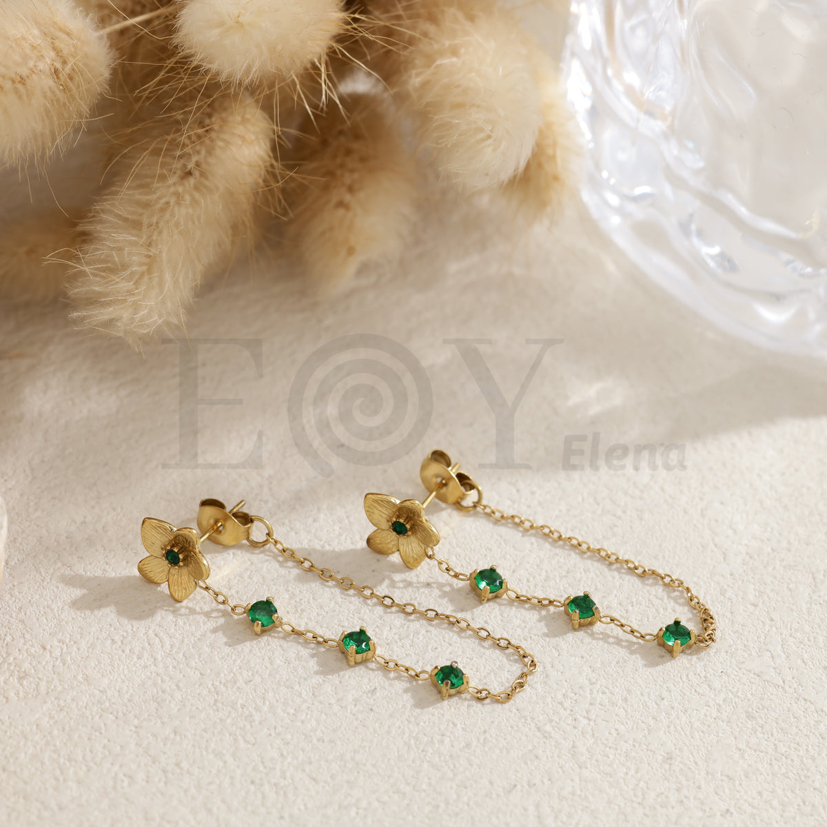 Pendientes flor con cadena piedras color acero