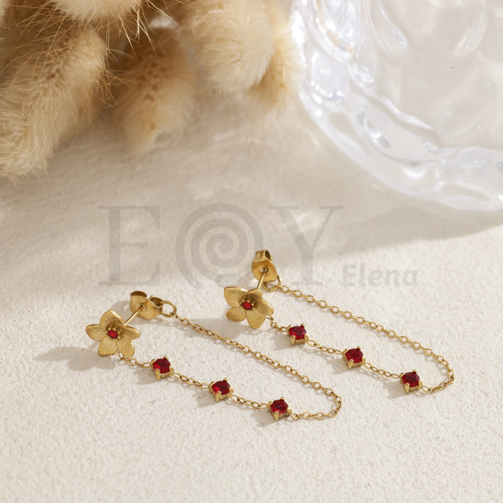 Pendientes flor con cadena piedras color acero
