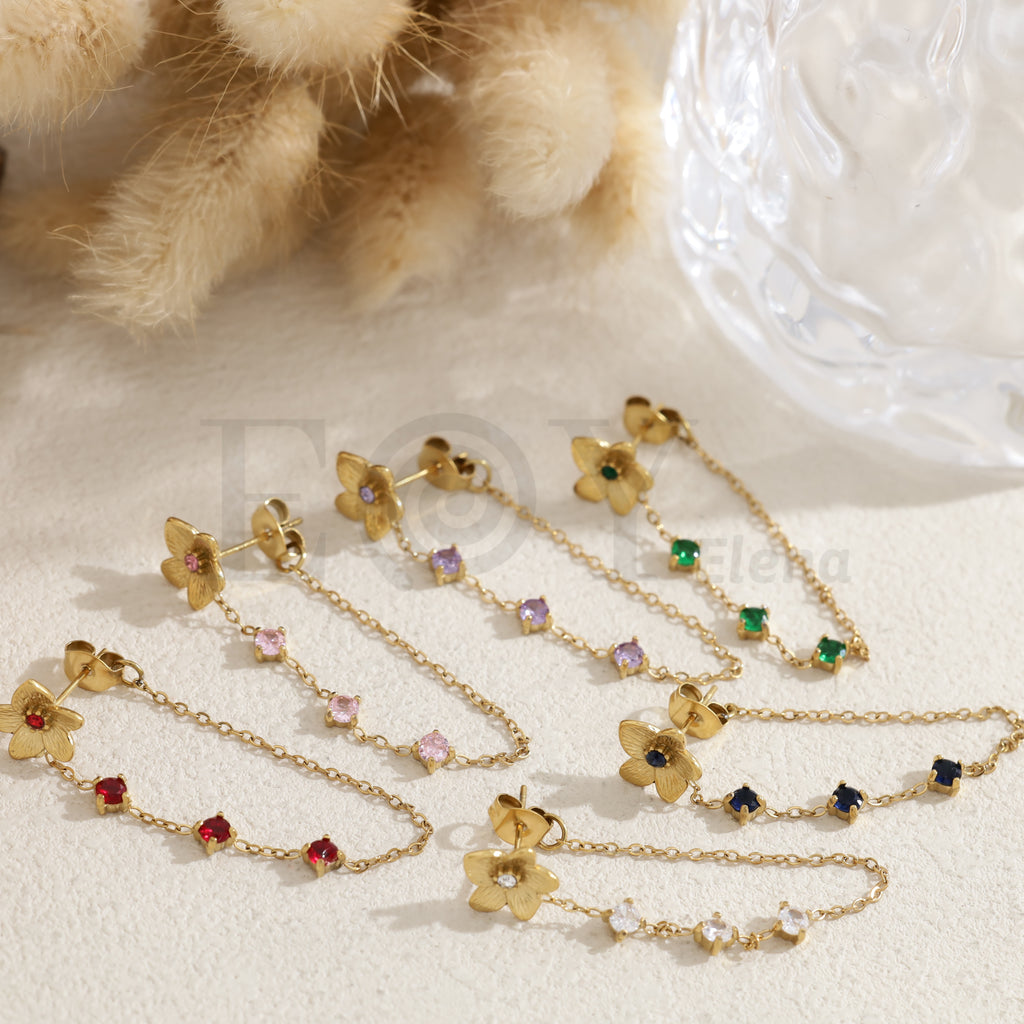 Pendientes flor con cadena piedras color acero