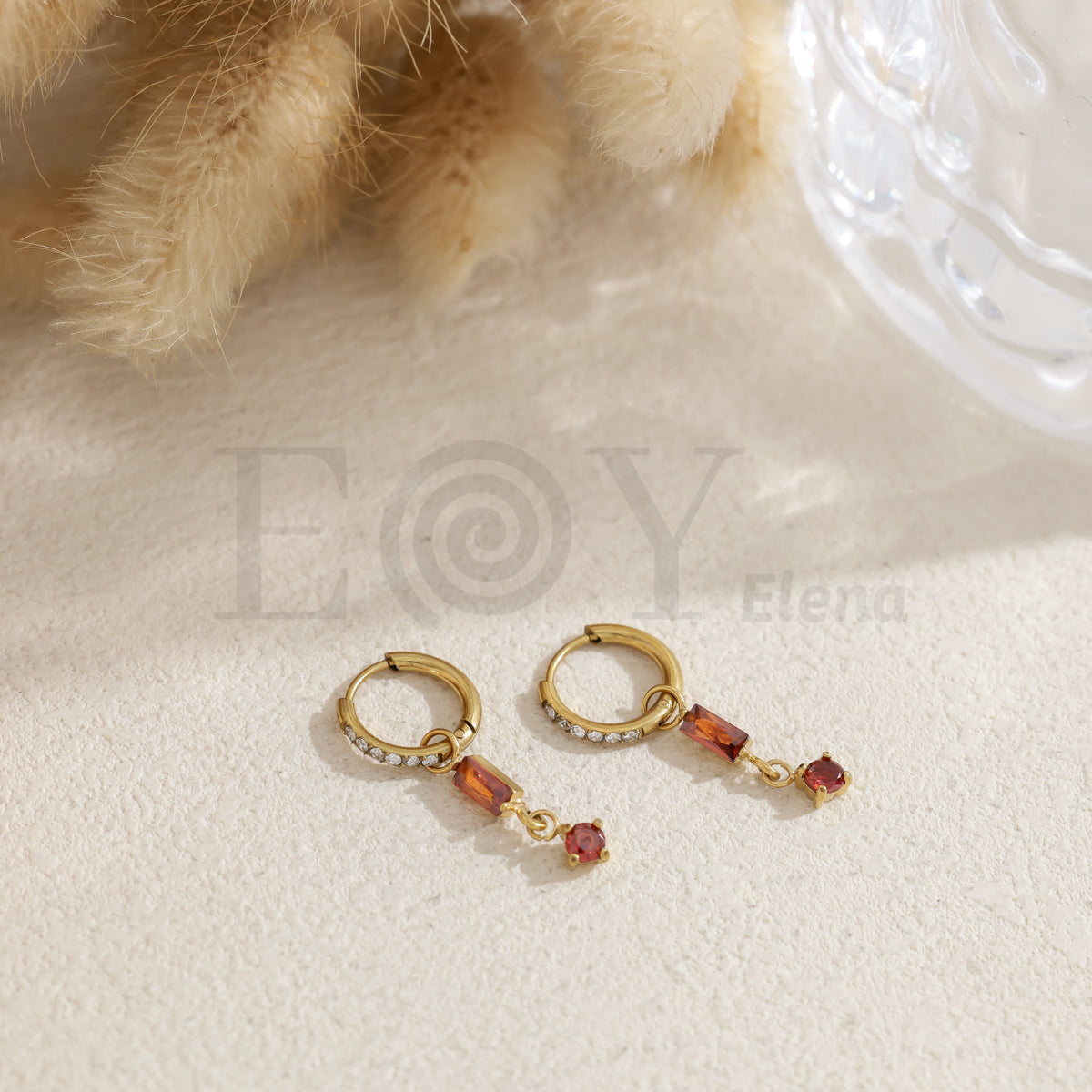 Pendientes de aro con piedra cuadrada color acero