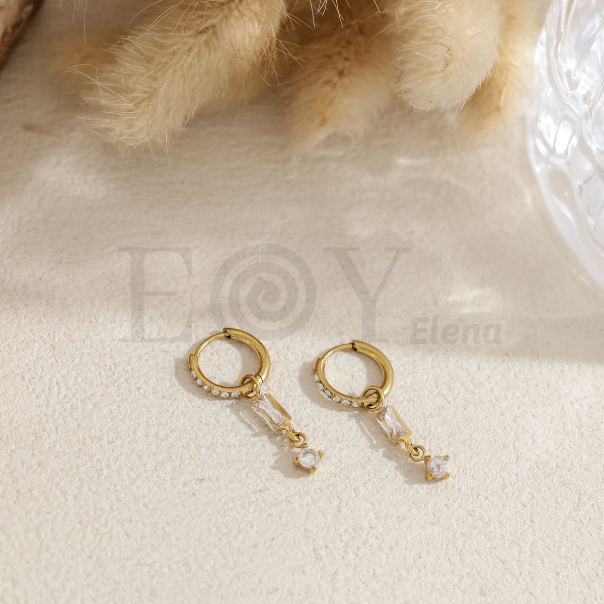Pendientes de aro con piedra cuadrada color acero