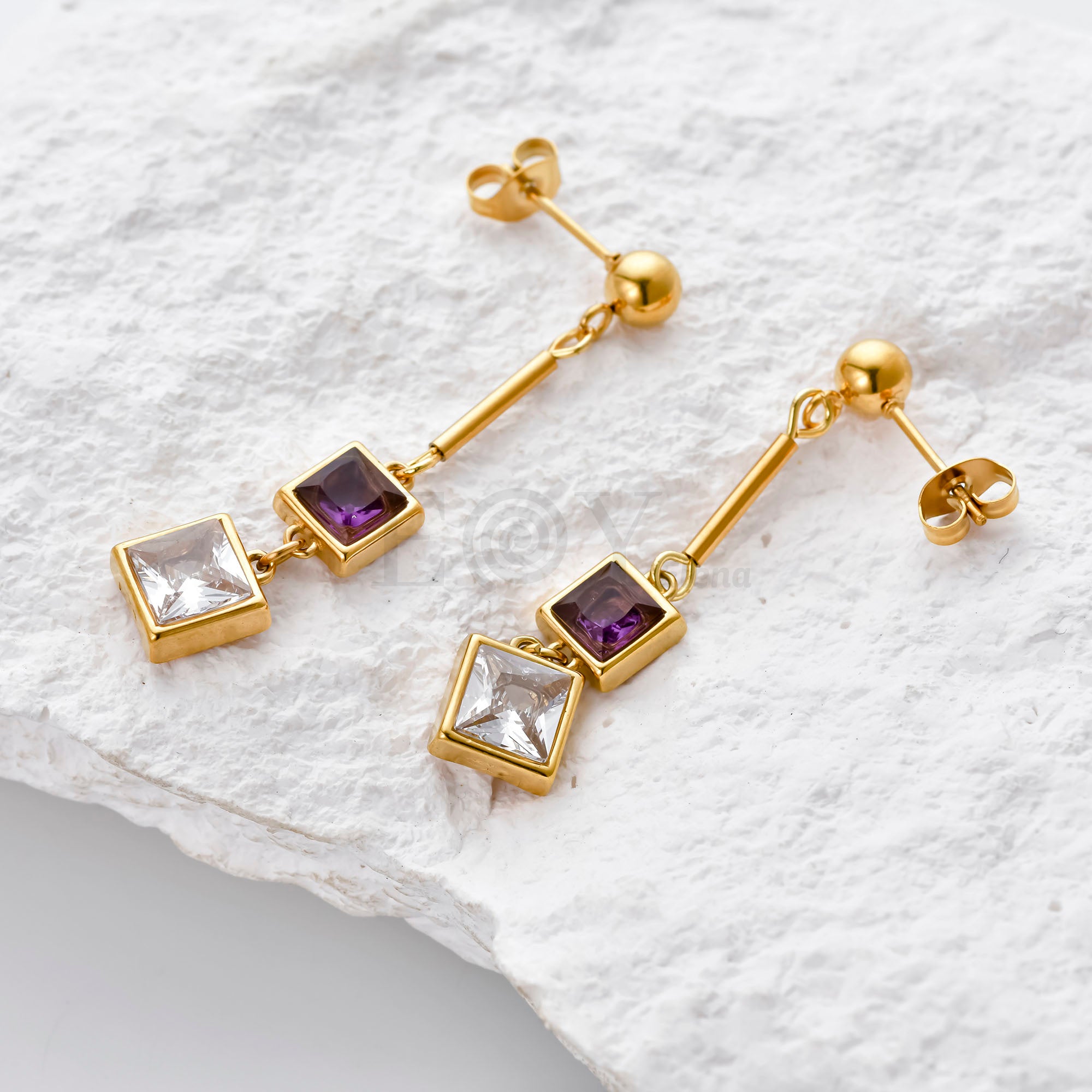 Pendientes largos con doble circonita cuadrada