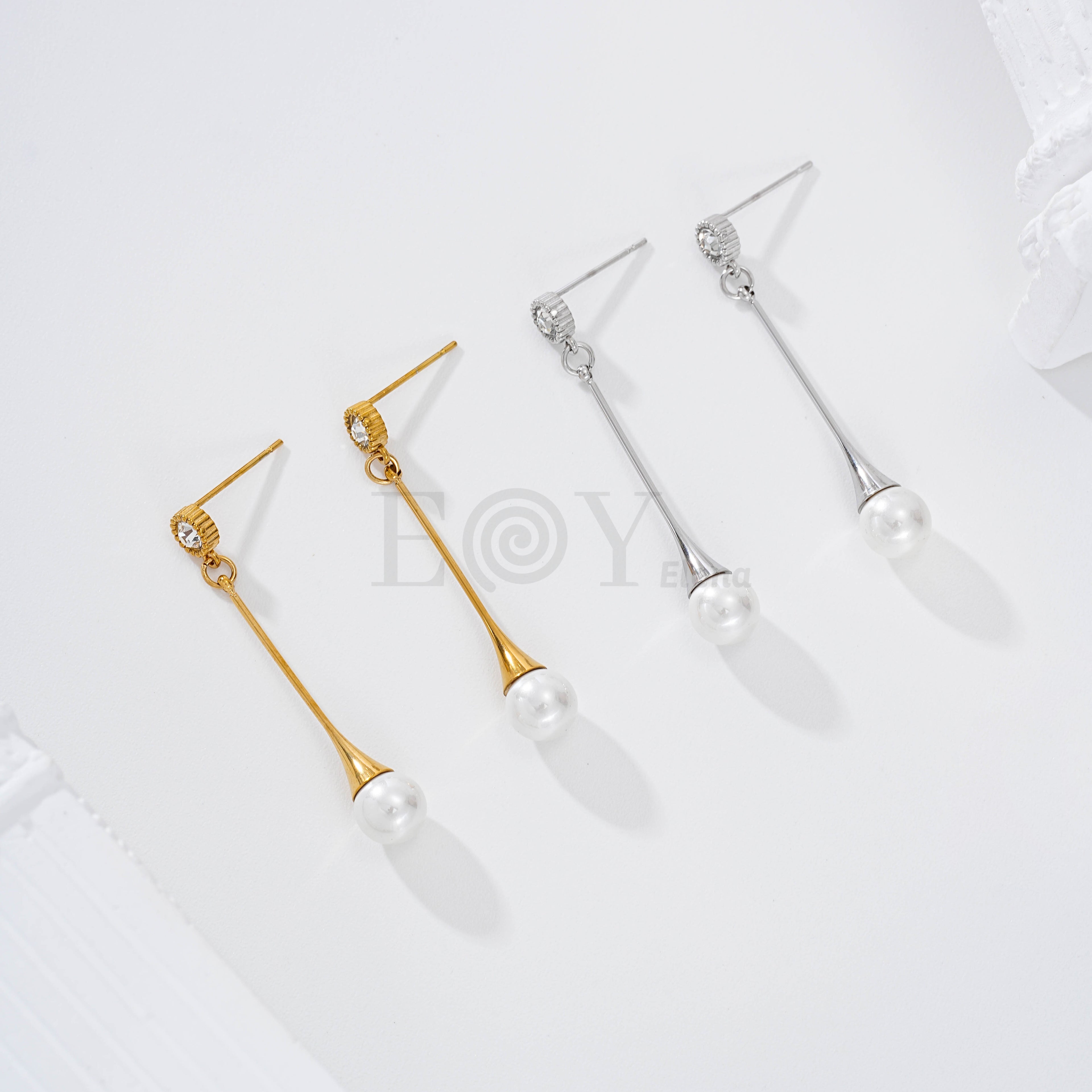 Pendientes con circonita y perla colgante acero