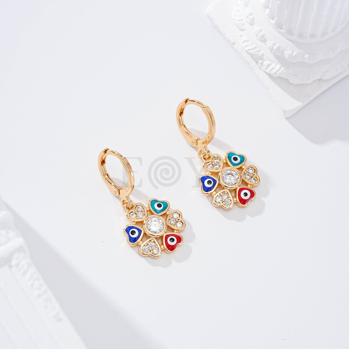 Pendientes de aro con corazones circonita y ojo turco gold-filled