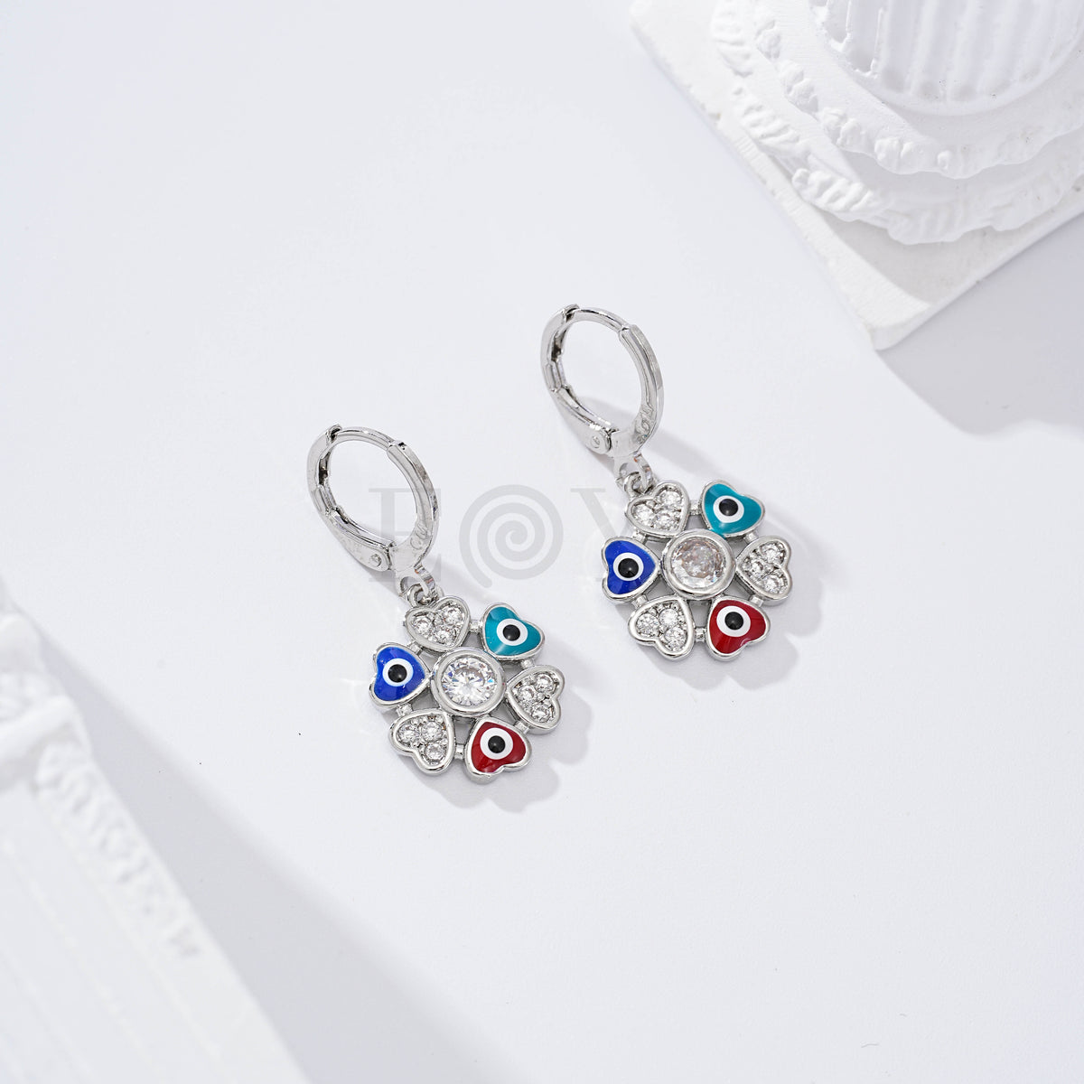 Pendientes de aro con corazones circonita y ojo turco gold-filled