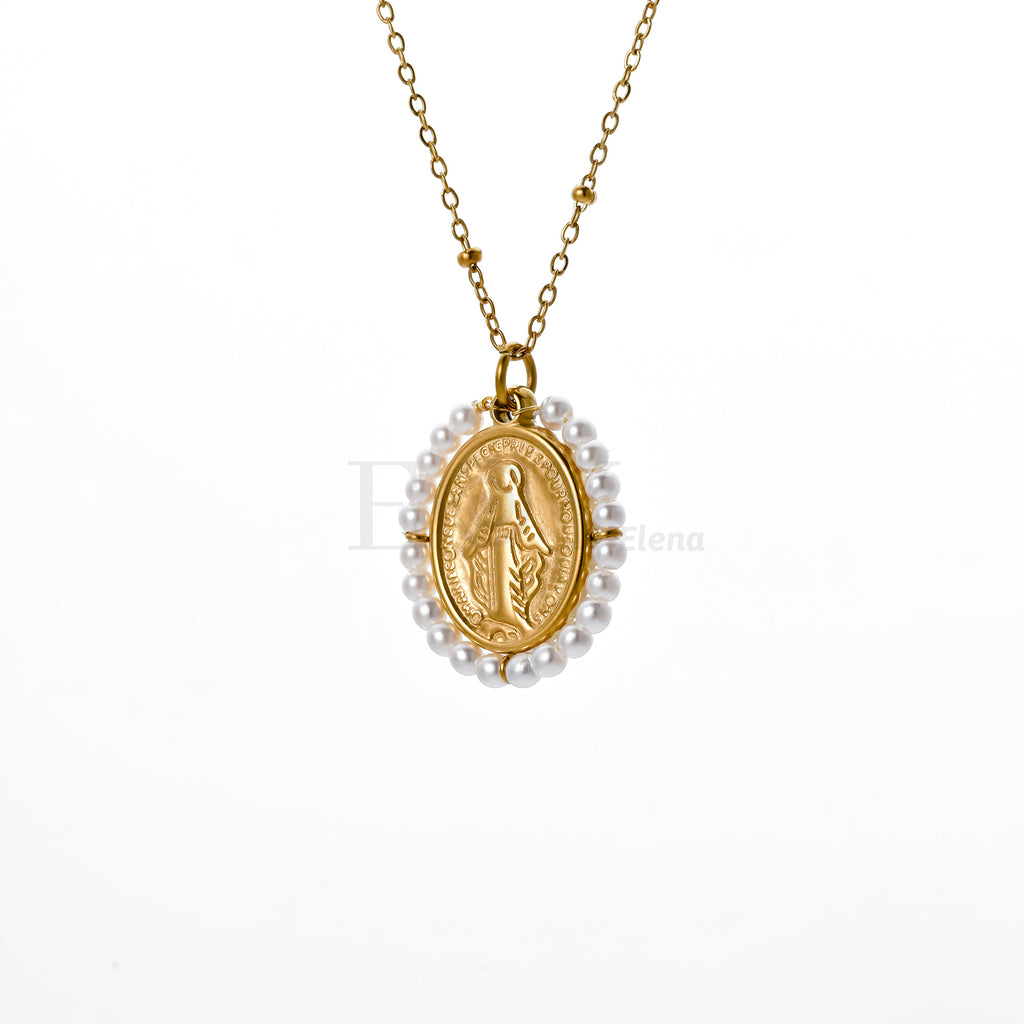 Collar Virgen Milagrosa con bordado perlas