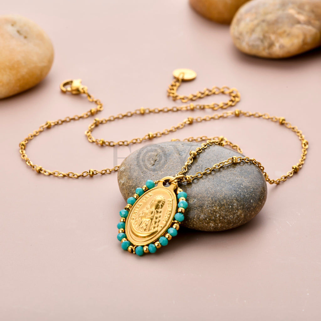 Collar de Acero Virgen del Rocío con Piedras Turquesa