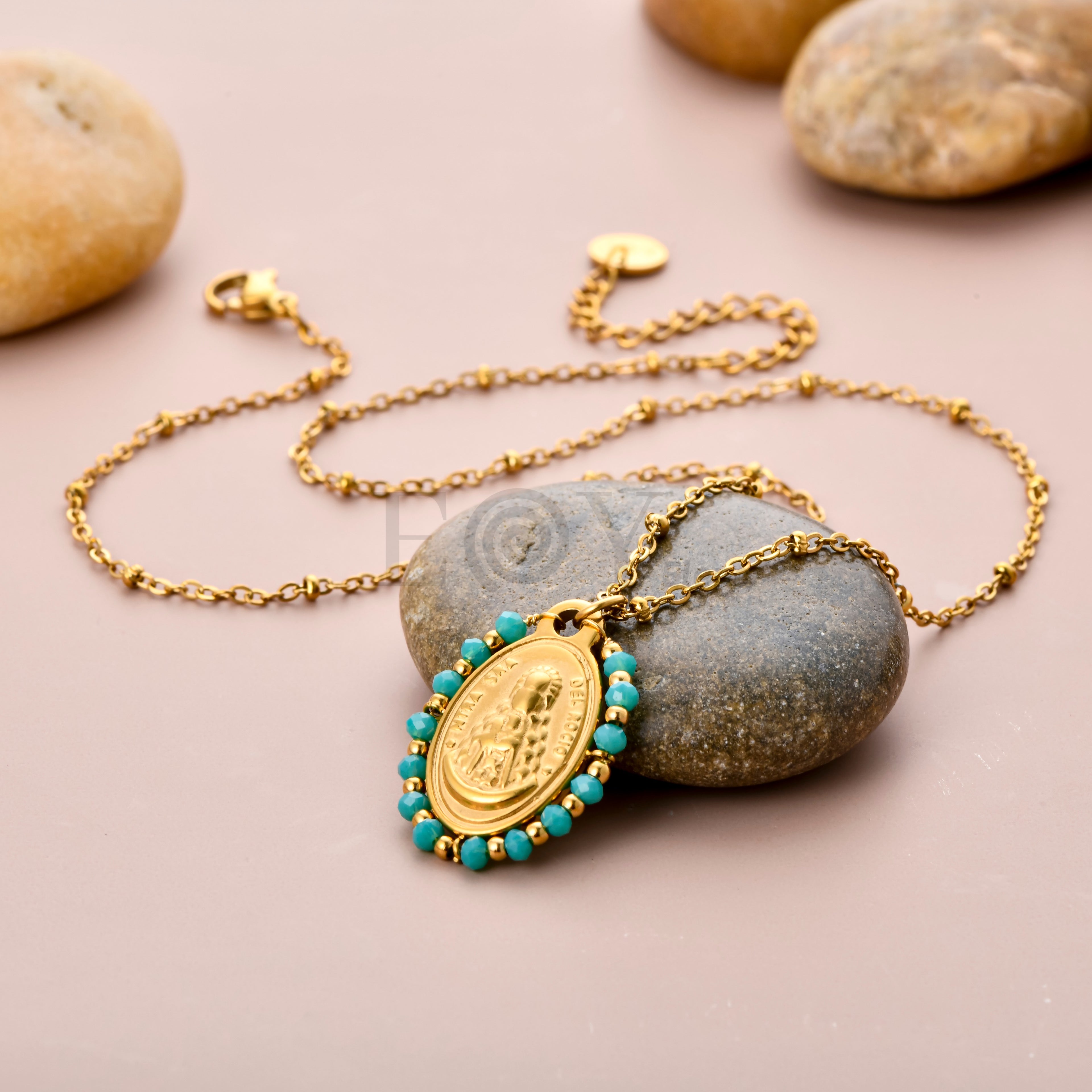 Collar de Acero Virgen del Rocío con Piedras Turquesa