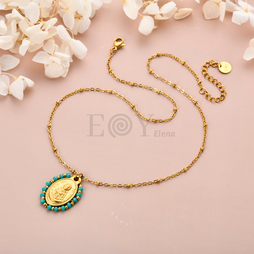 Collar de Acero Virgen del Rocío con Piedras Turquesa