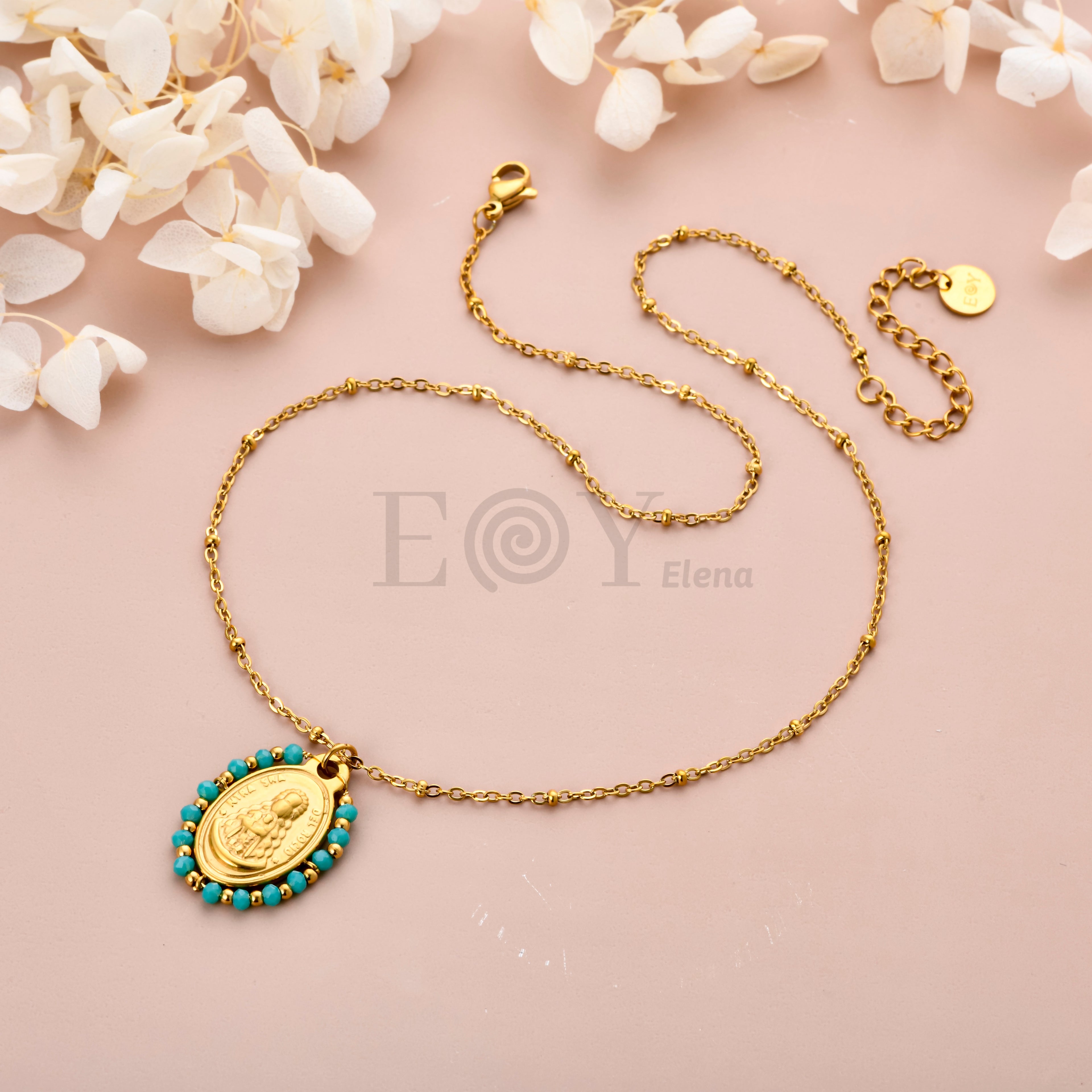 Collar de Acero Virgen del Rocío con Piedras Turquesa