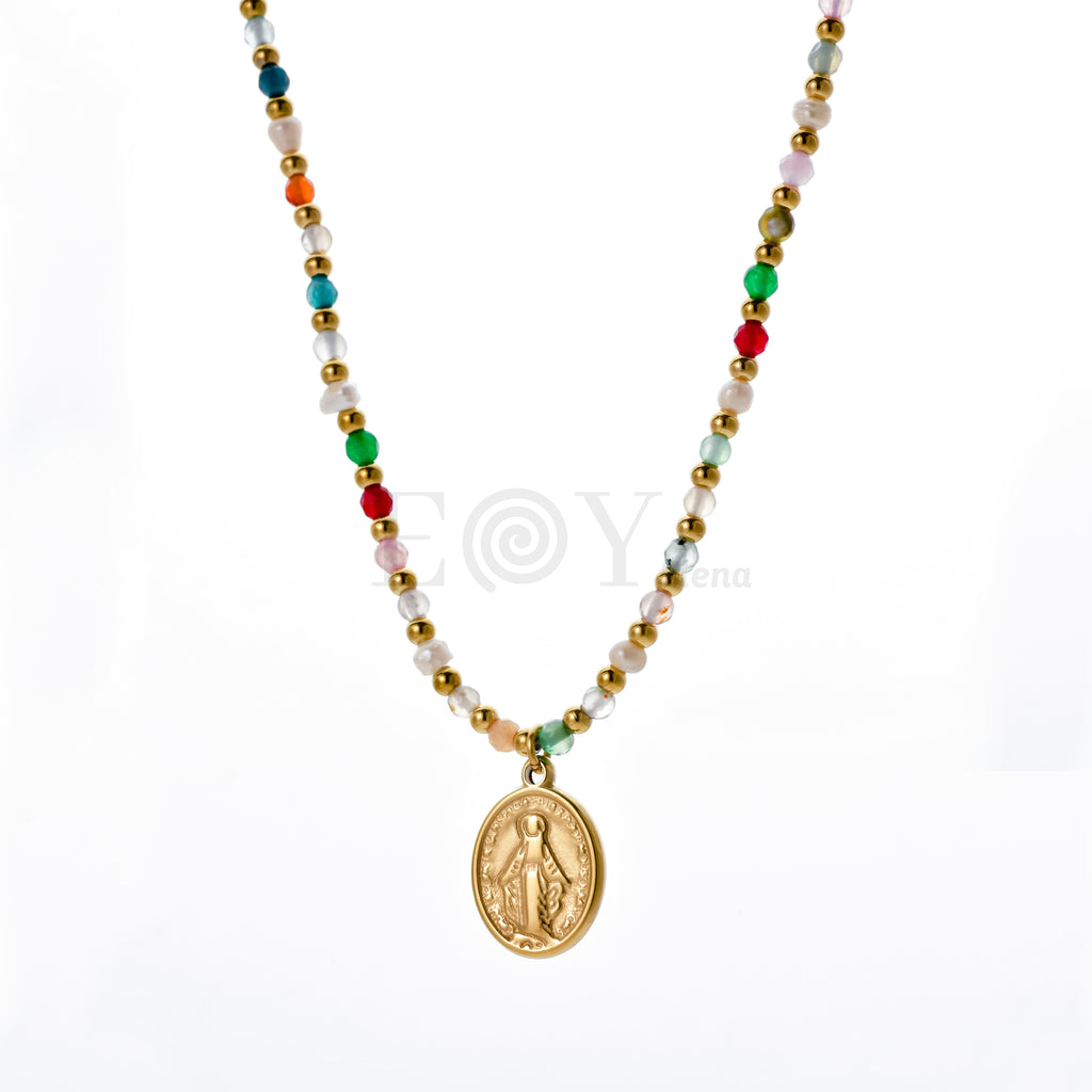 Collar Virgen Milagrosa con bolitas colores y doradas