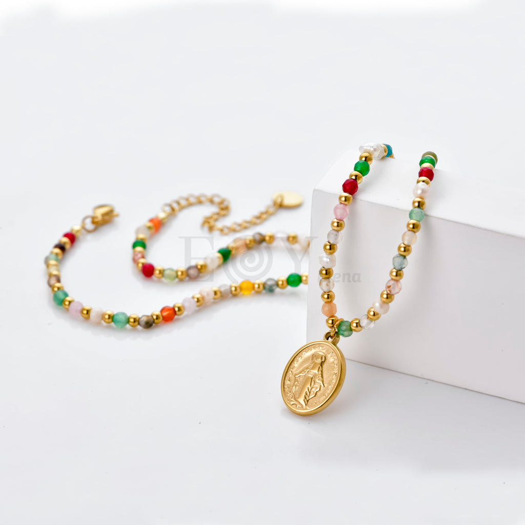 Collar Virgen Milagrosa con bolitas colores y doradas