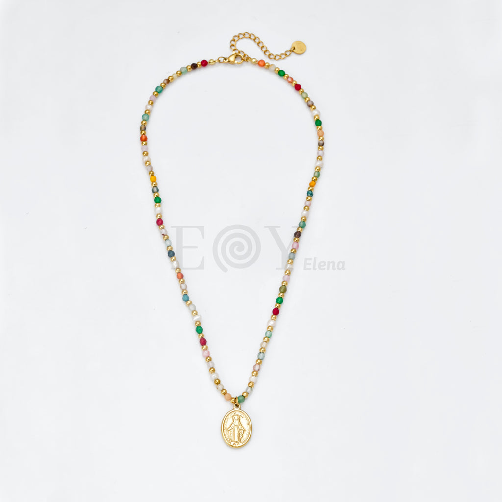 Collar Virgen Milagrosa con bolitas colores y doradas