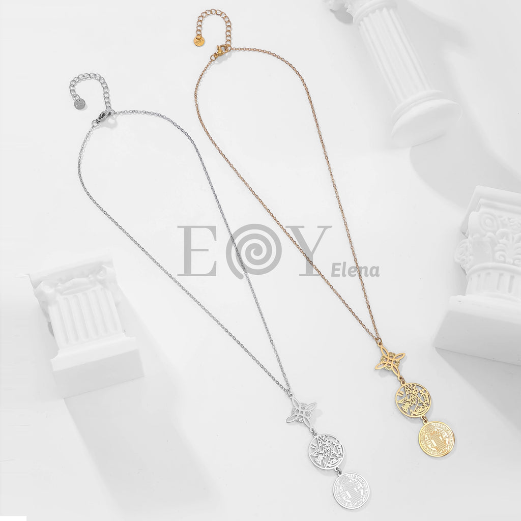 Collar con colgantes de nudo de bruja, medalla y San Benito