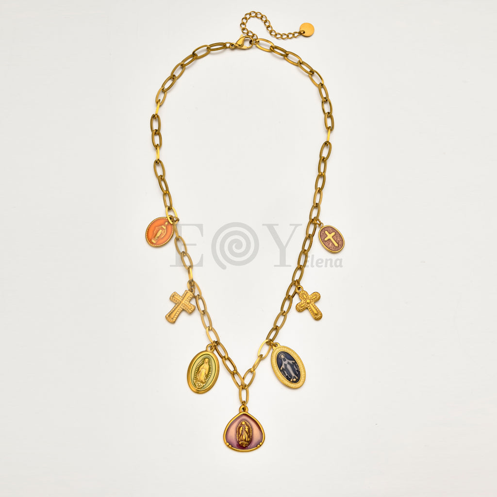 Collar Charms Religiosos Multicolor de Acero Dorado