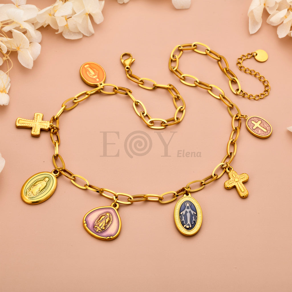 Collar Charms Religiosos Multicolor de Acero Dorado