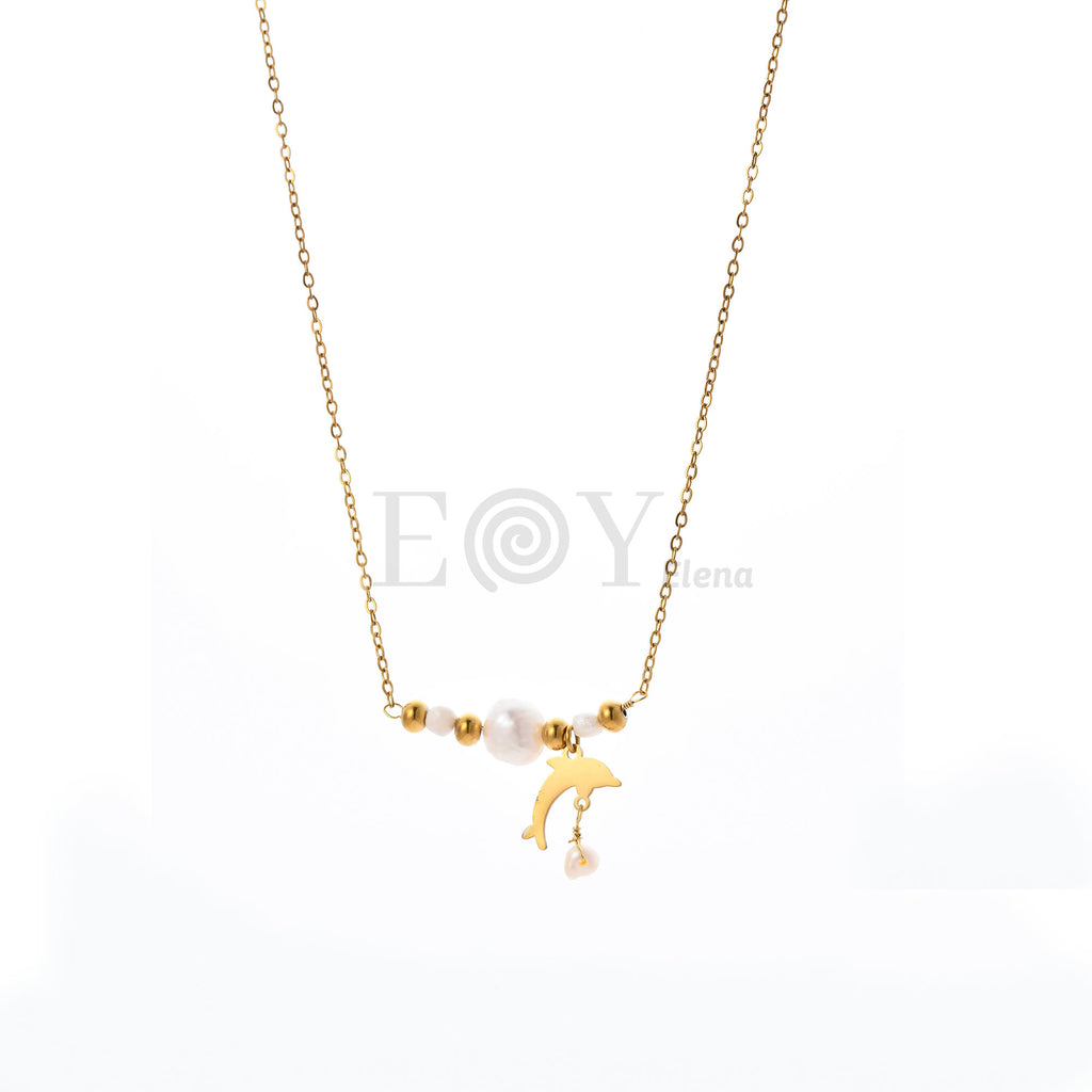 Collar Delfín y Perla de Acero Dorado