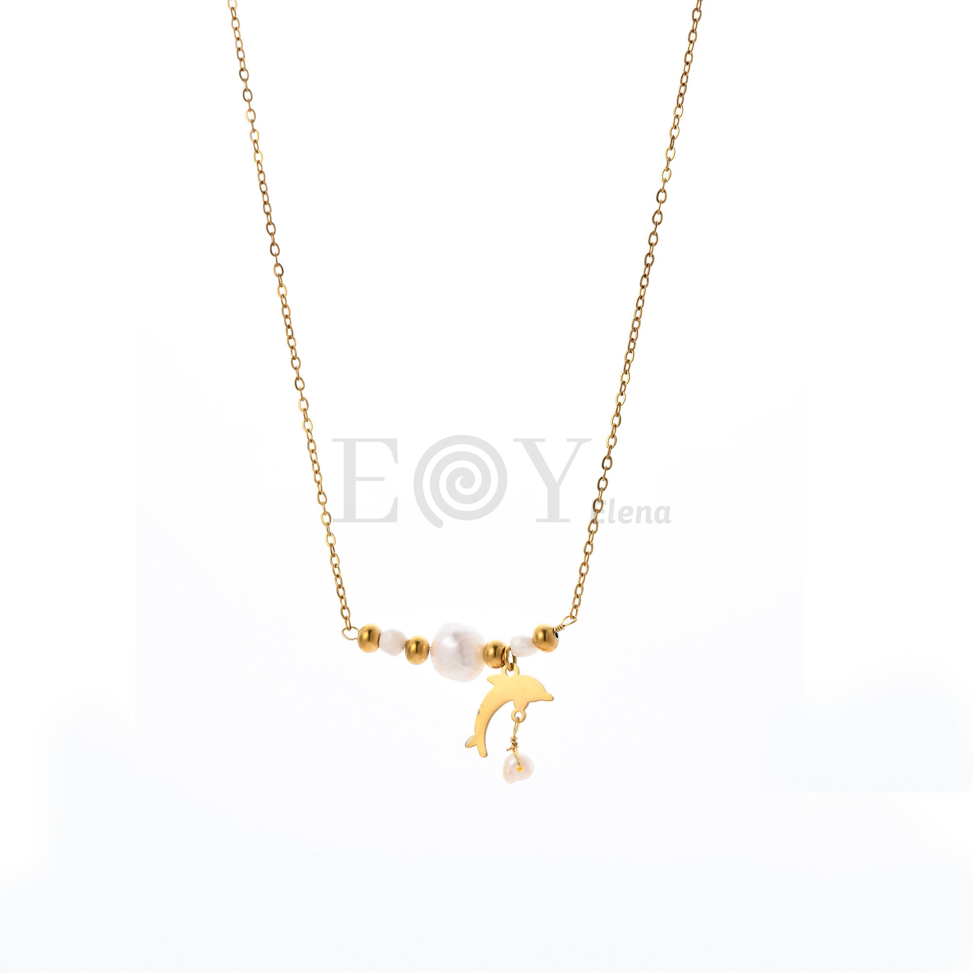 Collar Delfín y Perla de Acero Dorado