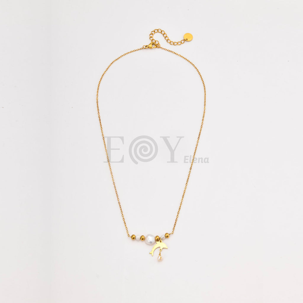 Collar Delfín y Perla de Acero Dorado