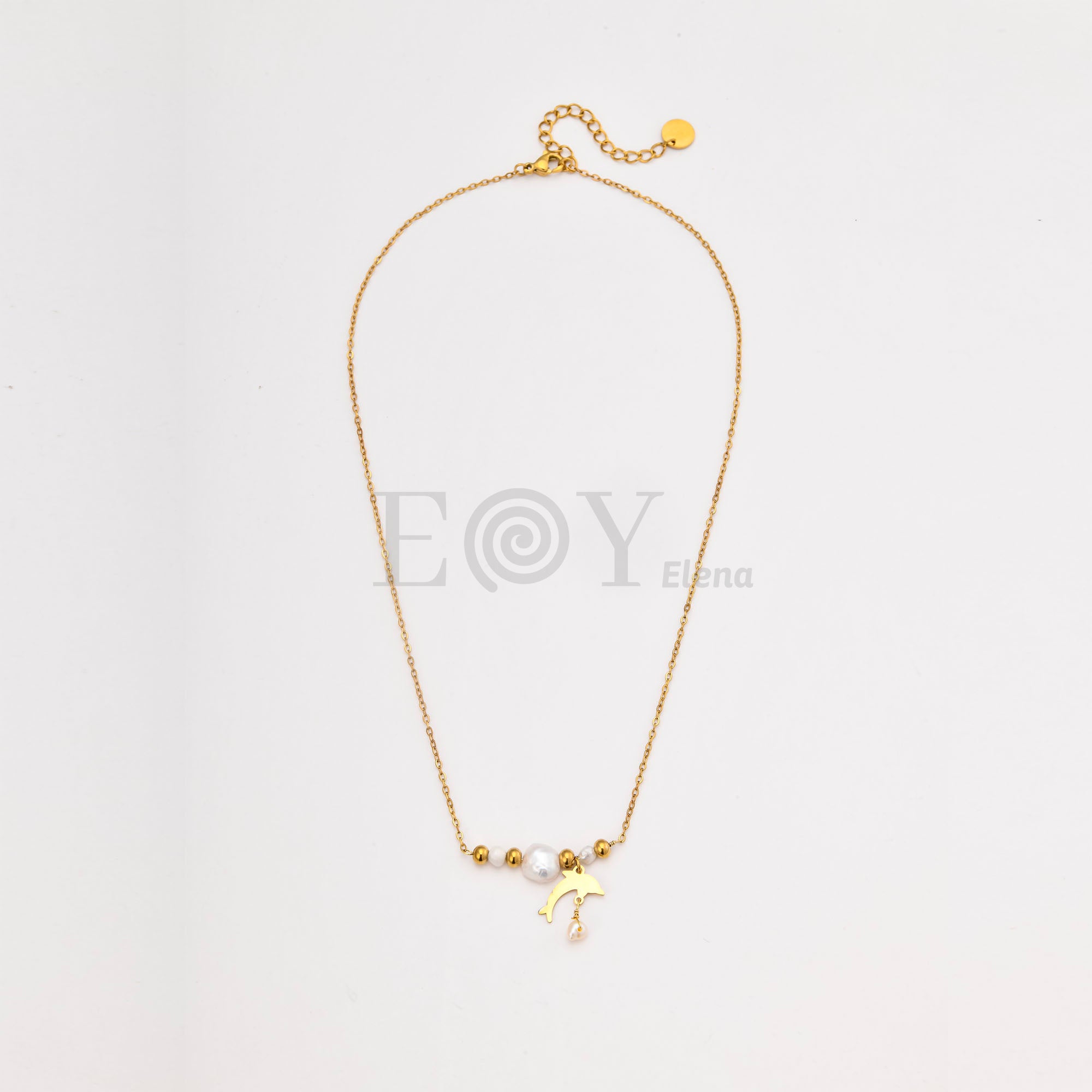 Collar Delfín y Perla de Acero Dorado