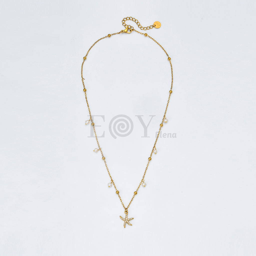 Collar Estrella de Mar con Circonitas y Perlas de Acero Dorado
