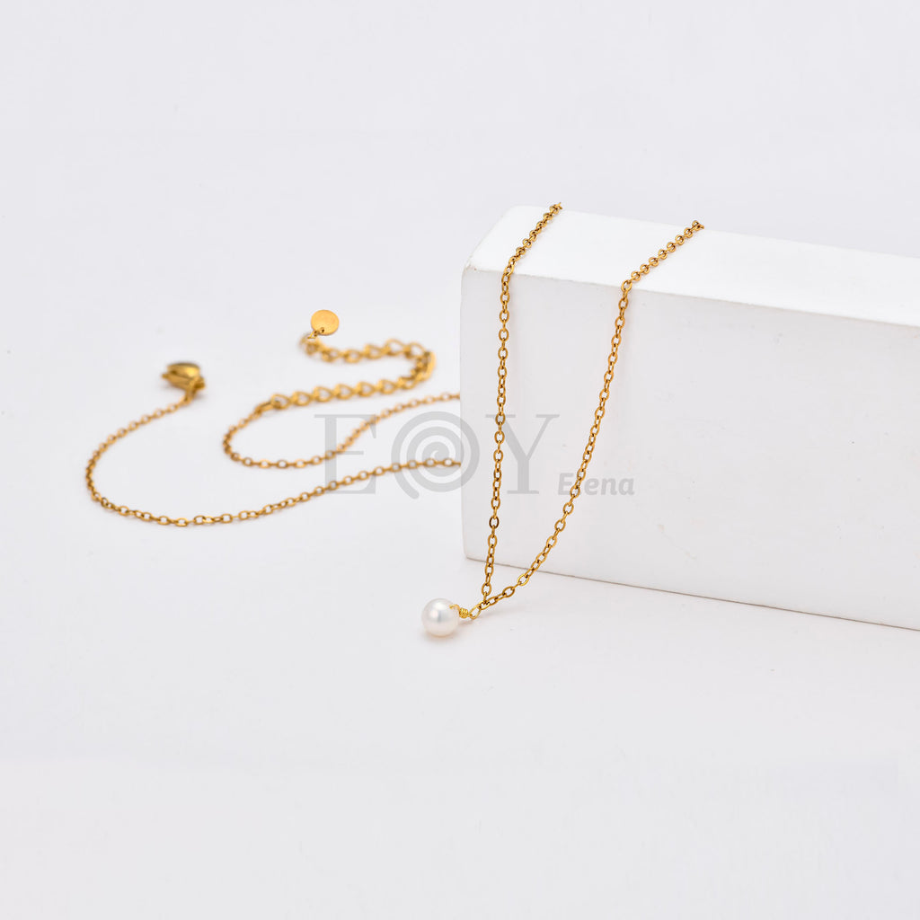 Collar Minimalista Perla Colgante de Acero Dorado