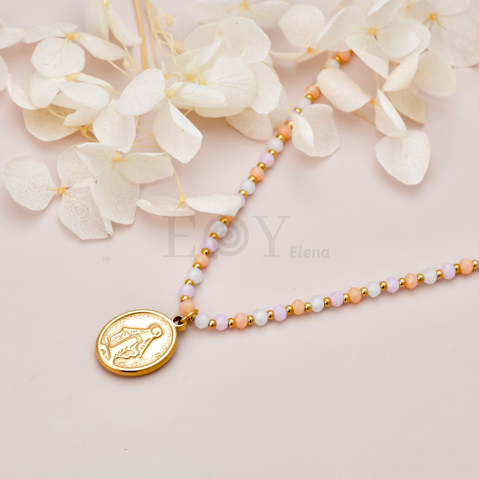 Collar Virgen Milagrosa cadena bolas color