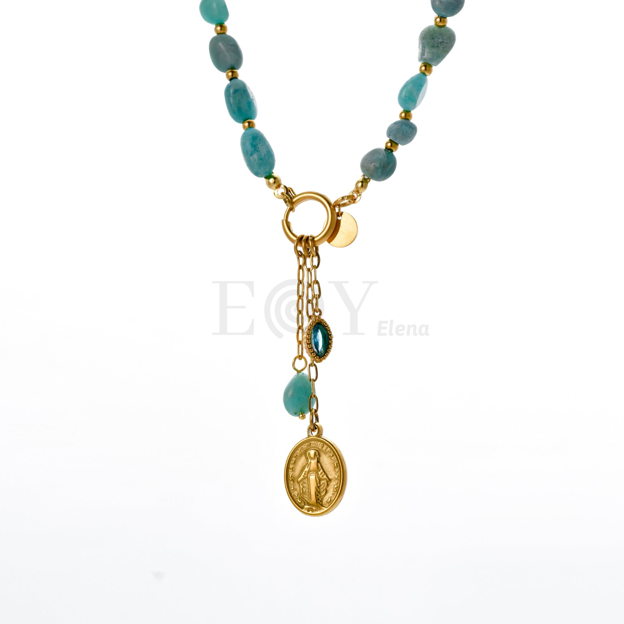 Collar piedras con charms y Virgen Milagrosa