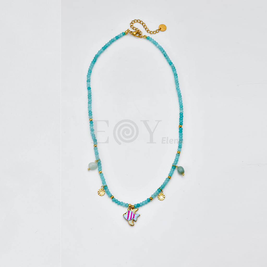 Collar bolitas turquesa y pez
