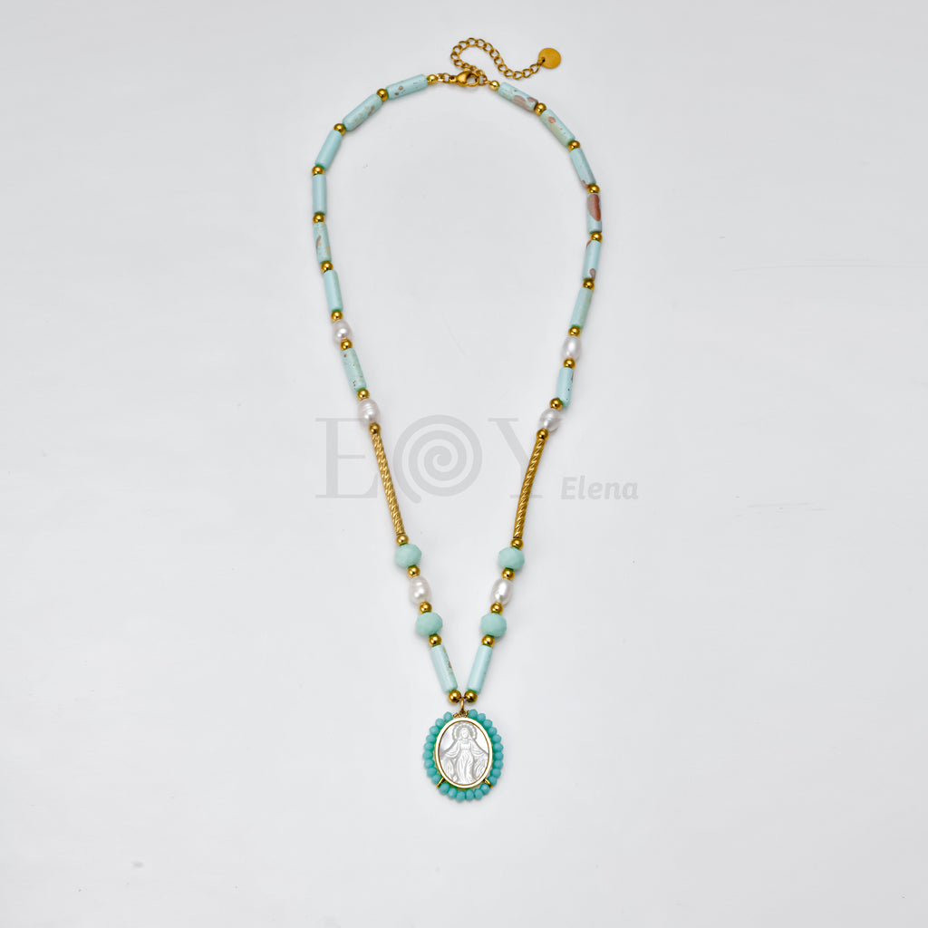 Collar Virgen Milagrosa con piedras turquesas