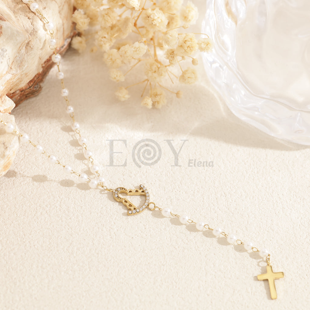 Collar perlas Virgen del Rocío con cruz colgante