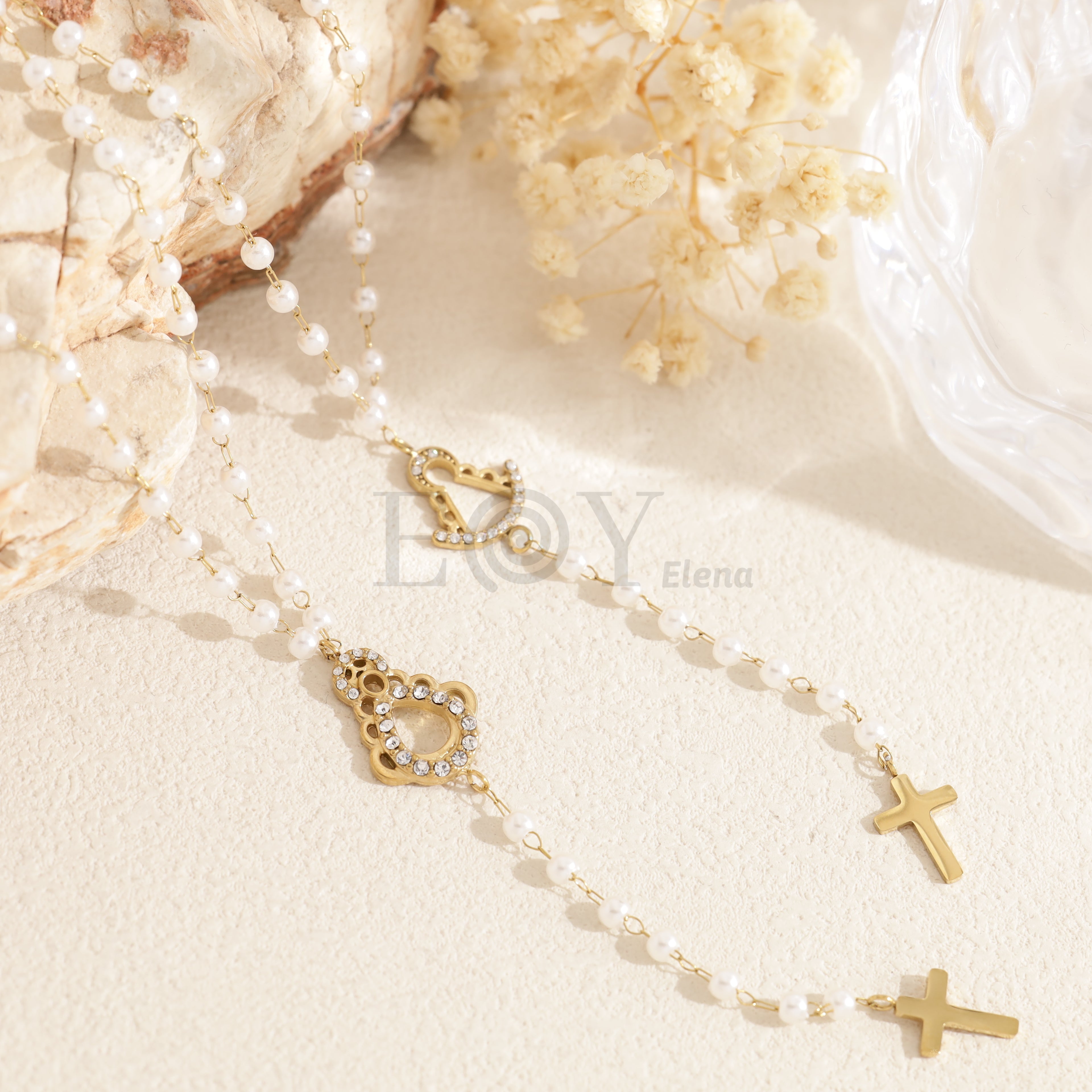 Collar perlas Virgen del Rocío con cruz colgante