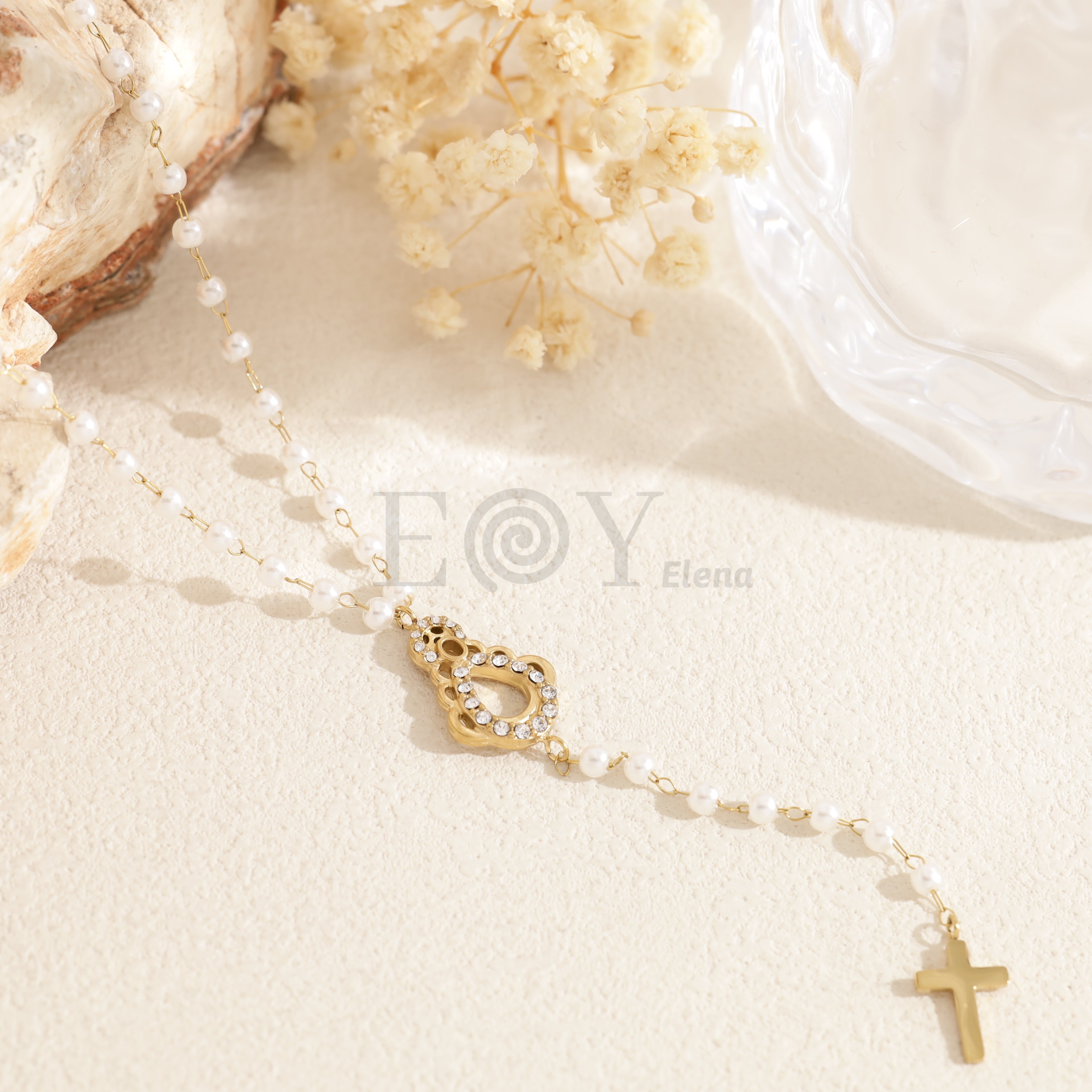Collar Virgen del Rocío y cruz rosario acero