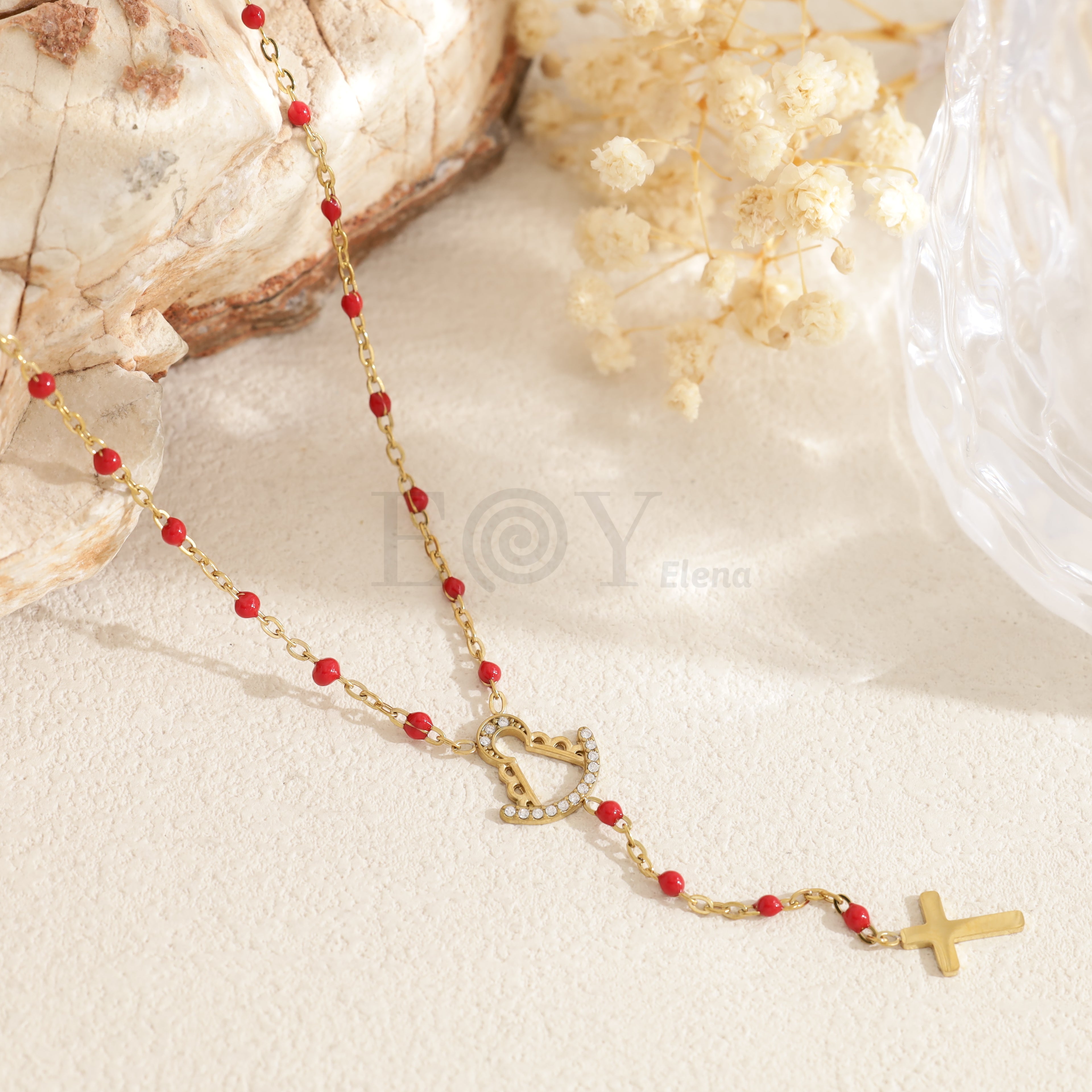 Collar bolitas Virgen del Rocío y cascada con cruz
