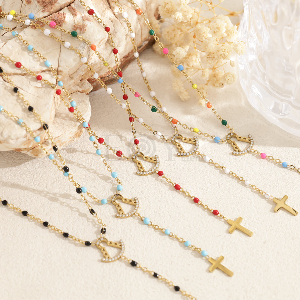 Collar bolitas Virgen del Rocío y cascada con cruz