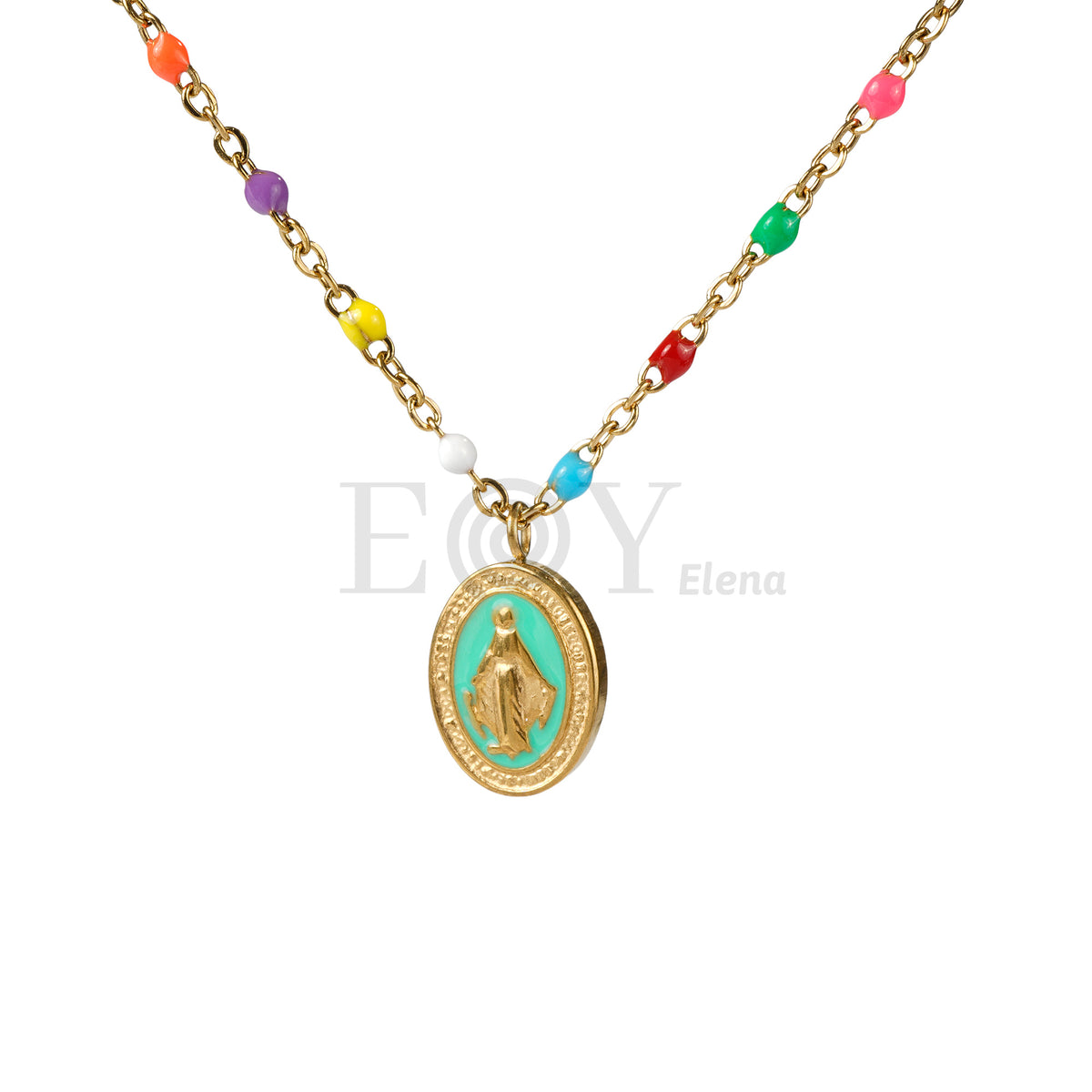 Collar Virgen Milagrosa bolitas colores acero