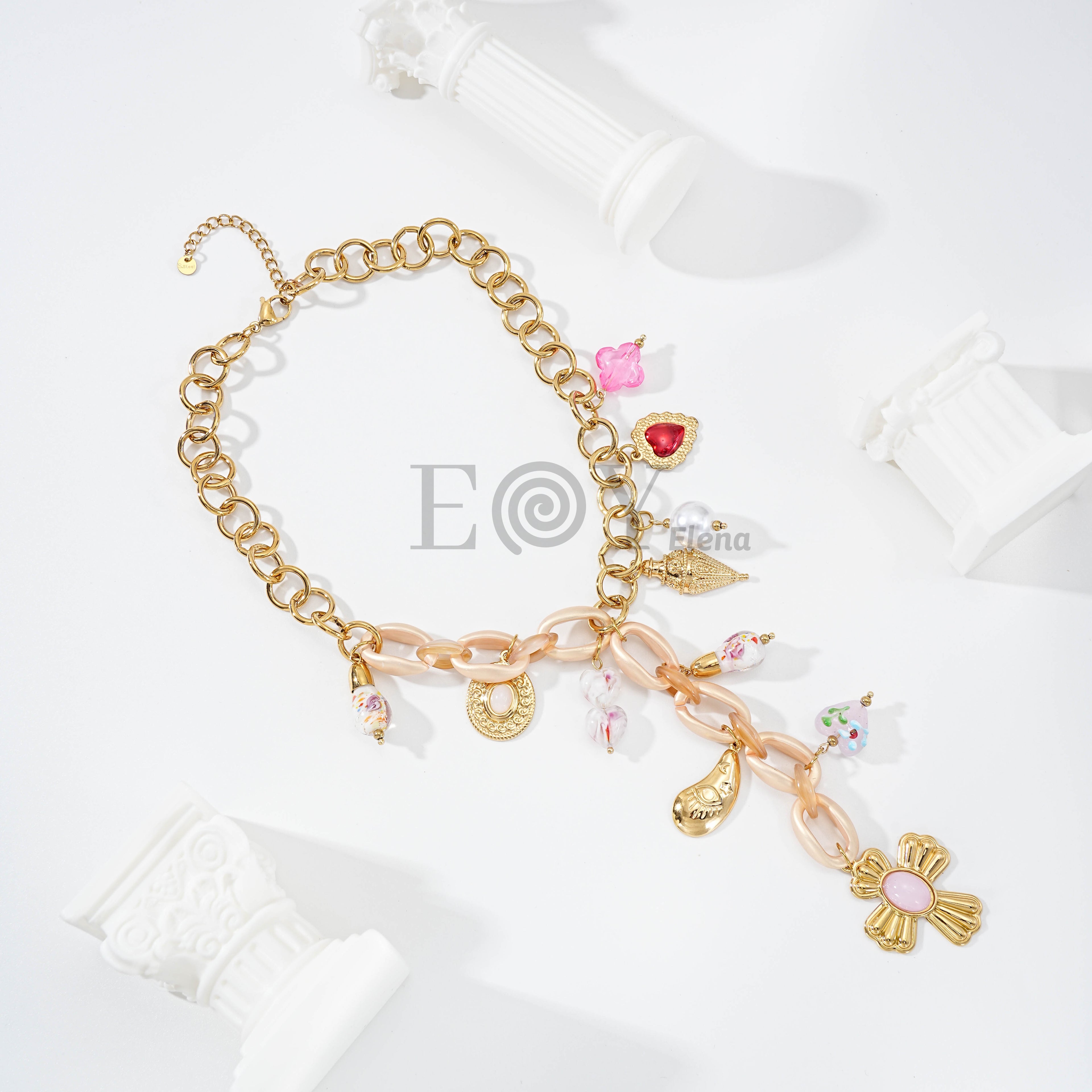 Collar Cruz y Charms Rosa