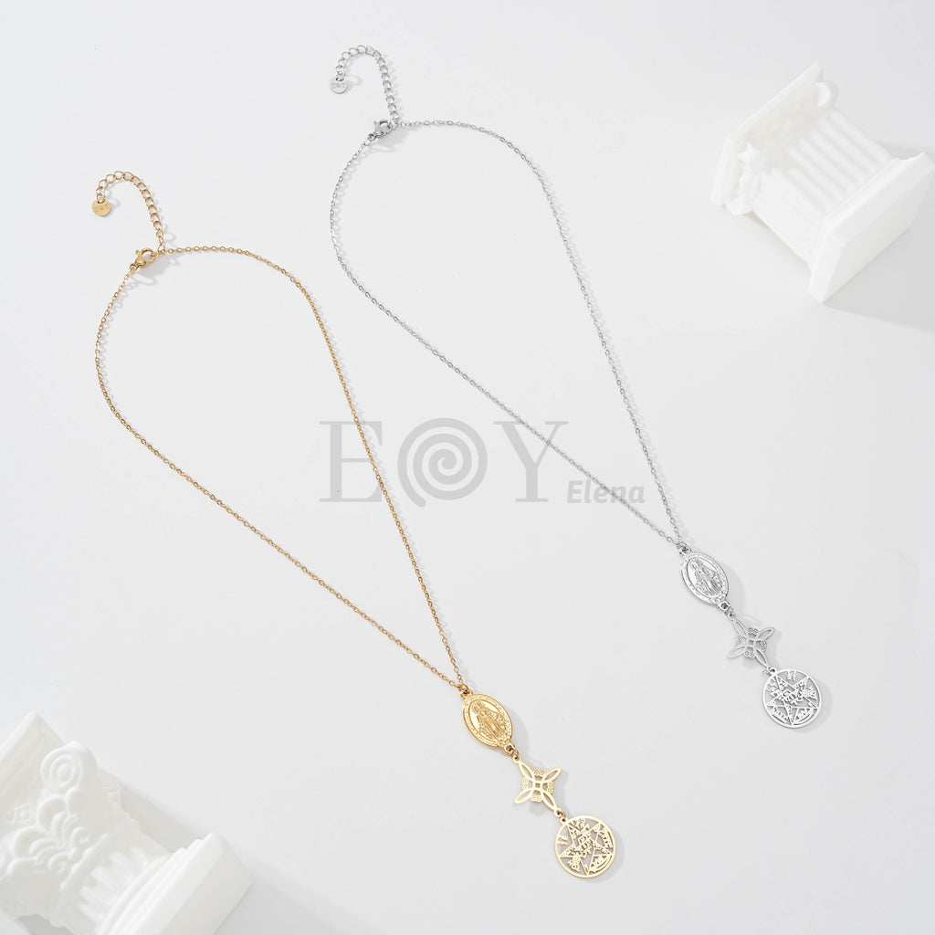 Collar medalla vírgen, nudo de bruja y estrella de símbolos