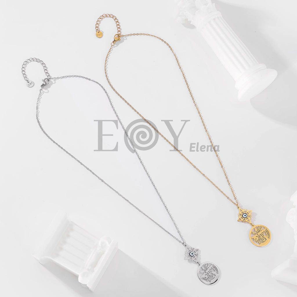 Collar con nudo de bruja y ojo turco + medalla de símbolos