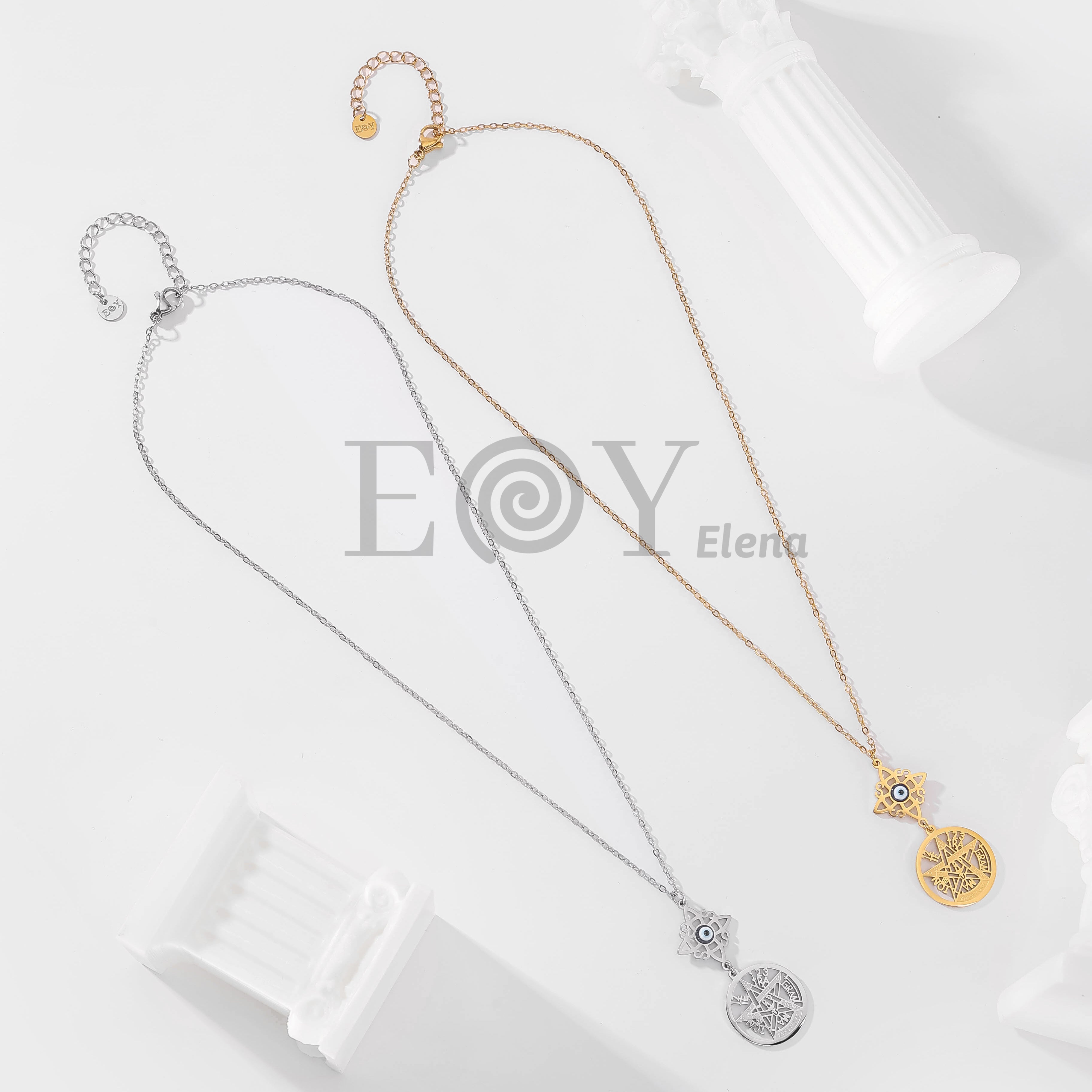 Collar con nudo de bruja y ojo turco + medalla de símbolos